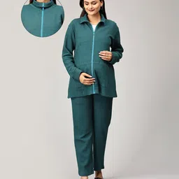 The Mom Store Cotton Full Sleeves Solid Coordinating Maternity Bomber Jacket With Nursing Access & Pajama Set - Green-picture-26