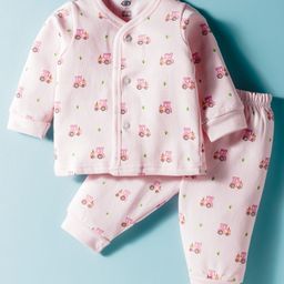 Zero Fleece Knit Full Sleeves Front Open Winter Wear Suits Set With Vehicle Print - Pink-picture-46