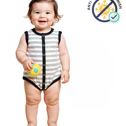 COCOON ORGANICS 100% Cotton Knit Sleeveless Striped Anti Microbial Romper - Grey Melange & Black-picture-10