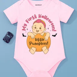 KNITROOT Halloween Theme Cotton Lycra Knit Half Sleeves My First Halloween Text Printed Onesie - Pink-picture-16