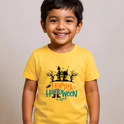 BLUSHES 100% Cotton Knit Halloween Theme Half Sleeves Happy Halloween Text Printed Tee - Yellow-picture-19