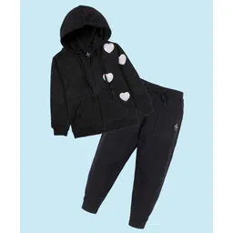 Kiddopanti Fleece Knit Full Sleeves Heart Sequinned Patch Detailed Light Winter Sweatjacket With Track Pants Sets - Black-picture-31