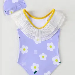 Mark & Mia Sleeveles V Cut Swimsuit & Cap with Floral Print & Frill - Light Blue image 2