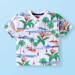 Babyhug Single Jersey Knit Half Sleeves Henley Neck T-Shirt & Shorts Set with Beach Theme Print - Olive Green & White image 2