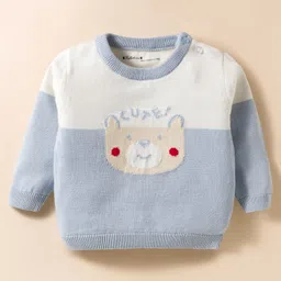 ToffyHouse Knitted Cotton Full Sleeves Winter Wear Set With Stripes & Teddy Design - Lavender & White image 2