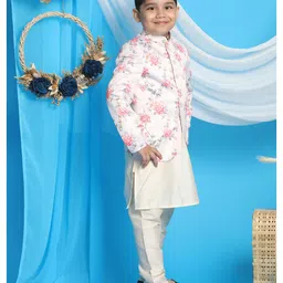 Vastramay Full Sleeves Solid Kurta & Pajama With Floral Printed Design Jodhpuri Jacket - Cream & Peach image 4
