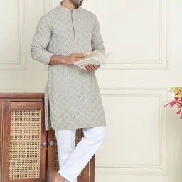 Anouk Grey Floral Embroidered Mandarin Collar Sequinned Pure Cotton Kurta With Pyjamas-picture-10