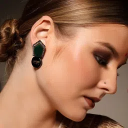 PATOLA BY VJ Gold-Plated Artificial Stones Studded Contemporary Shaped Drop Earrings image 3