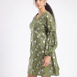 fusion by glitchez Floral Foil Printed V-Neck Styled Back A-Line Dress image 3