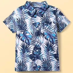 Pine Kids Single Jersey Knit Half Sleeves Shirt & Shorts Co-Ord Set With Inner Tee & Leaf Print - White & Blue image 5