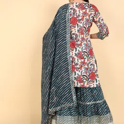 House of Pataudi Floral Printed Pure Cotton Straight Kurta Sharara With Dupatta image 2