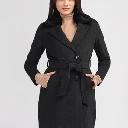 PROTEX Women Black Long Sleeves Notched Lapel Single-Breasted Overcoat With Belt-image-24