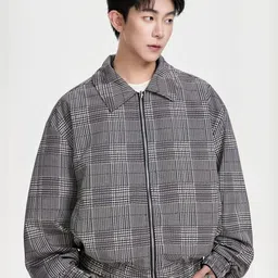 HERE&NOW Men Spread Collar Checked Bomber Jacket-picture-19