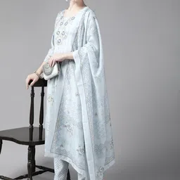 Yufta Women Blue Floral Printed Embroidered Detail Kurta with Trousers & Dupatta image 4