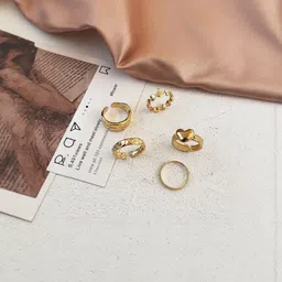 Zaphariq Set Of 5 Gold-Plated Cubic Zirconia Studded Finger Ring-image-30