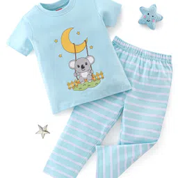 Babyhug Cotton Half Sleeves Night Suit Koala & Stripes Print- Blue-picture-11