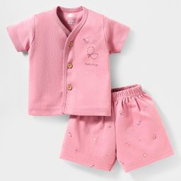 Zero Sinker Knit Half Sleeves Shorts Night Suit With Bird Print - Pink-picture-0
