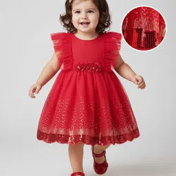 Babyhug Woven Frill Sleeve Fit & Flare Party Dress with Frills Floral Corsage & Sequins - Red-picture-17