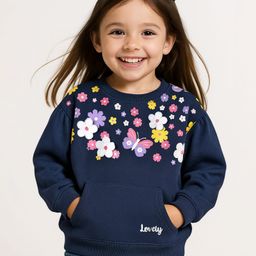 Babyhug Fleece Knit Full Sleeves Floral Applique & Butterfly Printed Sweatshirt - Navy Blue-picture-38