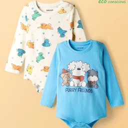 Babyoye 100% Cotton Knit Full Sleeves Puppy Printed Onesies Pack of 2 - Light Blue & White-image-38