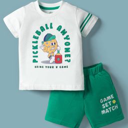 Zero Sinker Knit Half Sleeves T-Shirt & Shorts Set With Pickleball Print - White & Green-picture-31