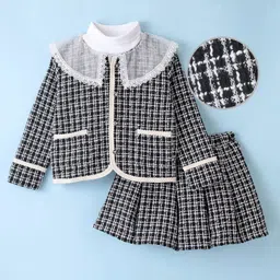 Mark & Mia Woven Full Sleeves Knee Length Checkered Party Suit with Lace Detailing - Black-picture-10