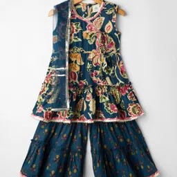 Teentaare Cotton Woven Sleeveless Kurti Gharara Set with Dupatta & Floral Print - Navy Blue image 1