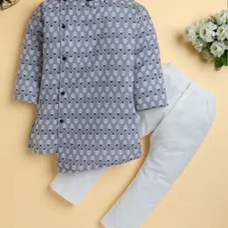 Polka Tots Cotton Woven Full Sleeves Floral Motifs Printed Kurta Pyjama Set - Grey-picture-22