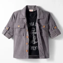 Rikidoos Full Sleeves Ribbed Shirt With Typography Printed Tee Set - Grey & Black-picture-18