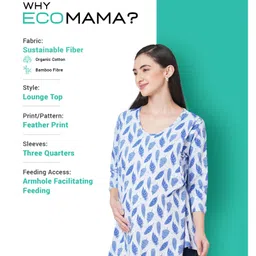 ECOMAMA Three Fourth Sleeves Organic Cotton & Bamboo Maternity Lounge Top Leaves Print - Blue image 3