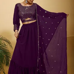 SANCIA Geometric Embroidered Puffed Sleeves Sequinned Top With Skirt & Dupatta image 3