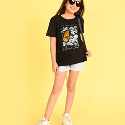 NUSYL Cotton Blend Half Sleeves Floral & Butterfly Printed Oversized Tee - Black image 4