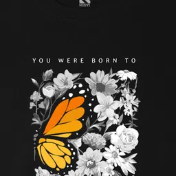 NUSYL Cotton Blend Half Sleeves Floral & Butterfly Printed Oversized Tee - Black image 5