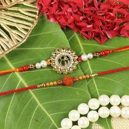 Asthetika Set Of 2 Artificial Stones Studded & Beaded Om Rudraksha Rakhis With Roli Chawal-picture-46