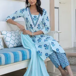 Janasya Women Floral Printed Regular Pure Cotton Kurta with Trousers & With Dupatta-picture-34