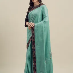 Kvsfab Sea Green & Black Silk Blend Embroidered Saree image 1