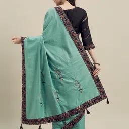 Kvsfab Sea Green & Black Silk Blend Embroidered Saree image 3
