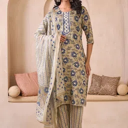 Sangria Embroidered Pure Cotton Round Neck Kurta & Trousers With Dupatta image 4