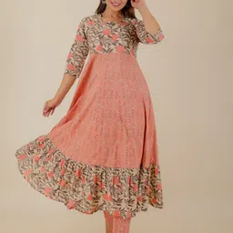 Aramya Floral Printed Panelled Soft Cotton Anarkali Kurta With Trousers-image-4