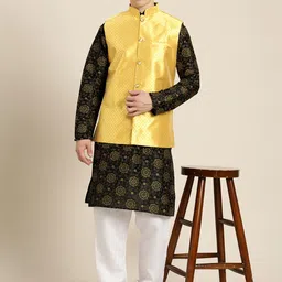 SOJANYA Men Black & Gold Floral Straight Kurta Churidar & Woven Design Nehru Jacket image 4