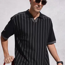 WROGN Striped Polo Collar Drop-Shoulder Sleeves Pure Cotton Oversized T-shirt-picture-26