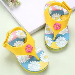 Babyoye Flip Flops with Velcro Closure Floral Print- Yellow-image-26