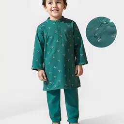 Babyhug Woven  Full Sleeves Sequinned Kurta Pyjama Set - Green-picture-20