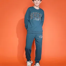 Lil Tomatoes Cotton Looper Full Sleeves Beverly Hills Text Printed Track Suit Set - Teal Blue-picture-24