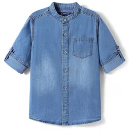 Pine Kids Denim Woven Manderin Collar Washed Full Sleeves Shirt - Blue image 1