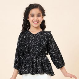 StyloBug Viscose Rayon Three Fourth Sleeves Triangles Printed Peplum Top - Black-picture-42