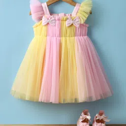 Babyhug Woven Frill Sleeves Mesh Party Dress with Booties Bow Applique & Sequin Detailing - Yellow-picture-15