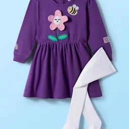 Babyhug Cotton Knit Full Sleeves Frock With Legging & Floral Applique - Purple-picture-14