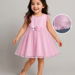 Babyhug Woven Cap Sleeves Party Dress With Floral Corsage & Lace Detailing - Light Pink-picture-10