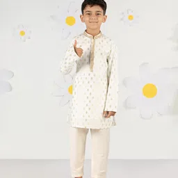Vastramay Silk Woven Full Sleeves Floral Foil Motifs Printed & Lace Embellished Kurta Pyjama Set - Cream-picture-28